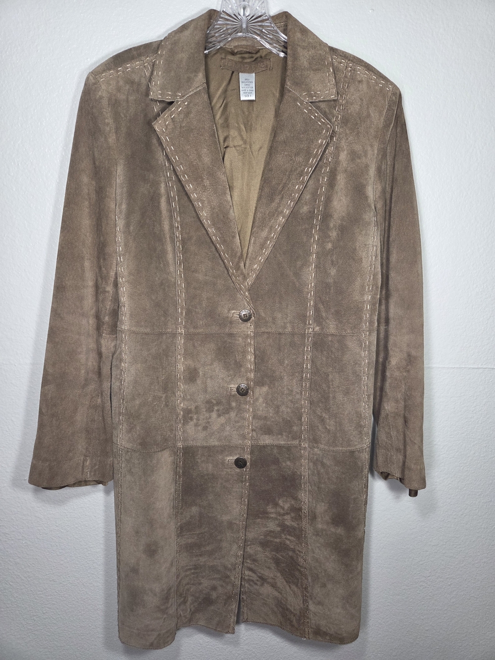 Chico's Taupe Suede Long Coat with Stitch Detailing